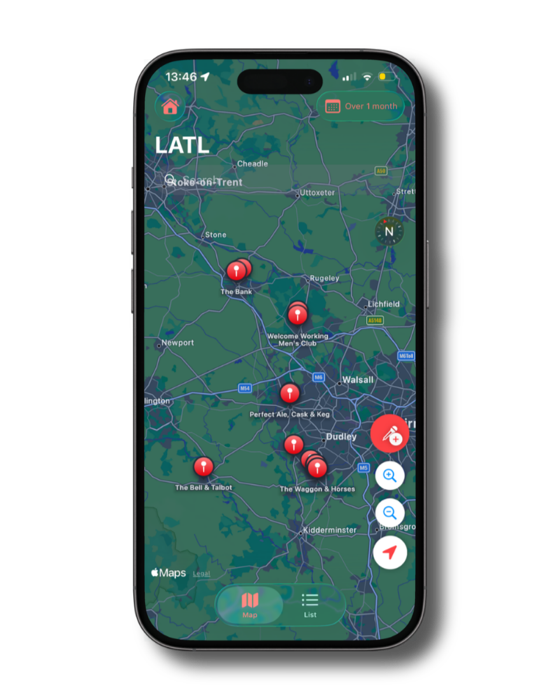 The Live at The Local app showing gigs on a map