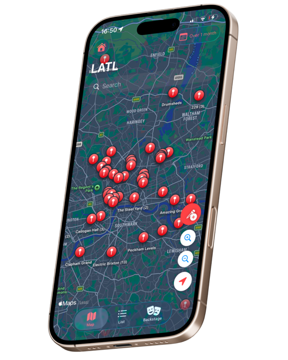The app's map of gigs across London