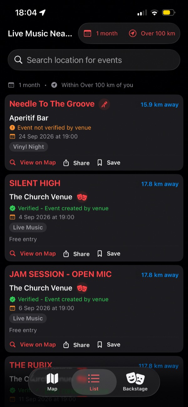 List of gigs in the app